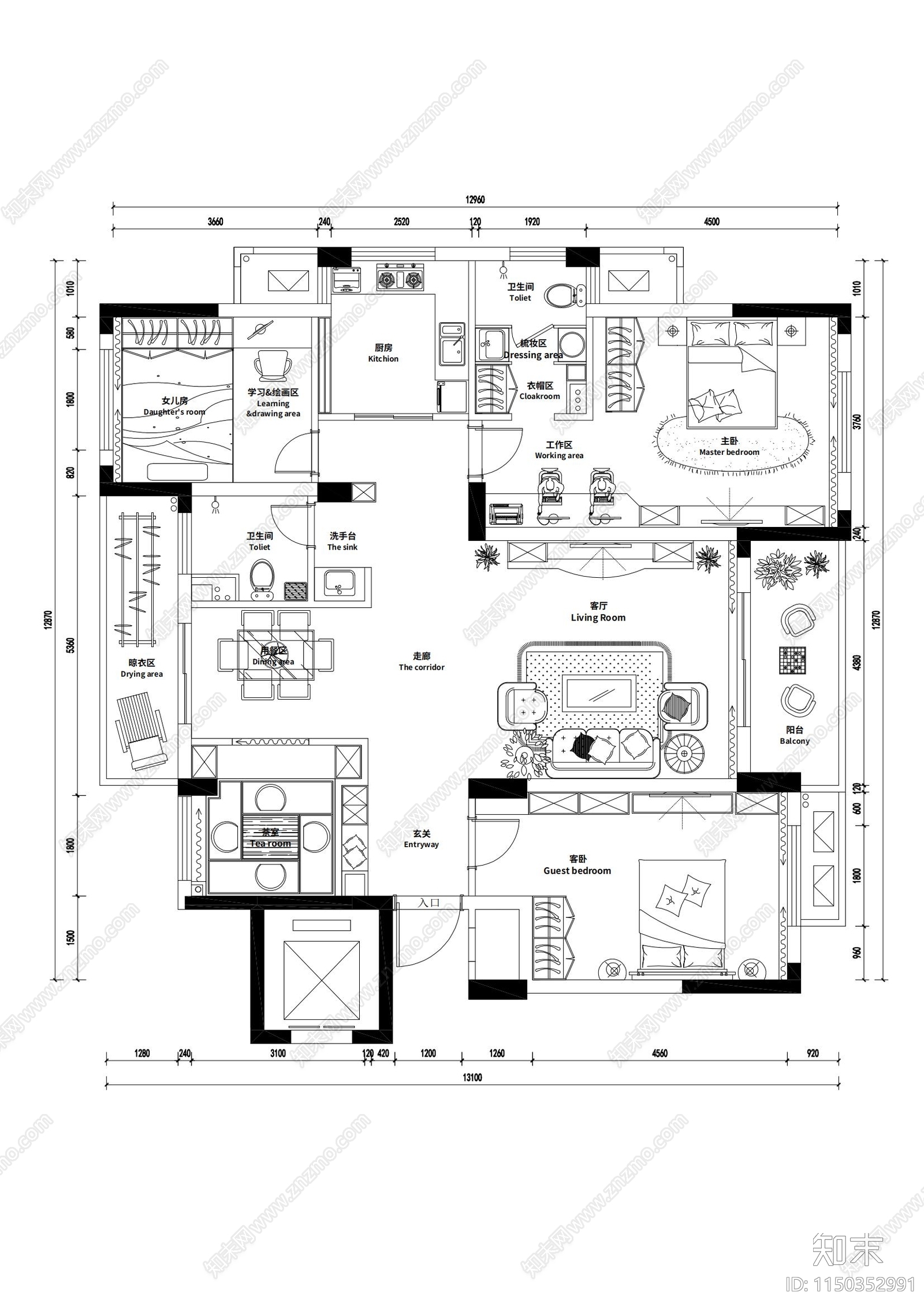 三室一厅家装平面图施工图下载【ID:1150352991】