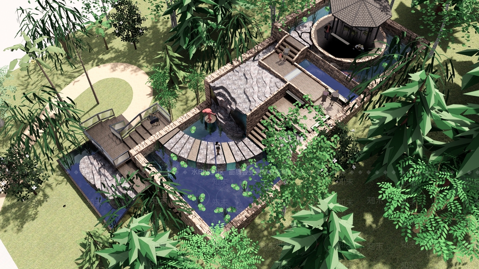 新中式跌水景观乡村公园SU模型下载【ID:1150357904】
