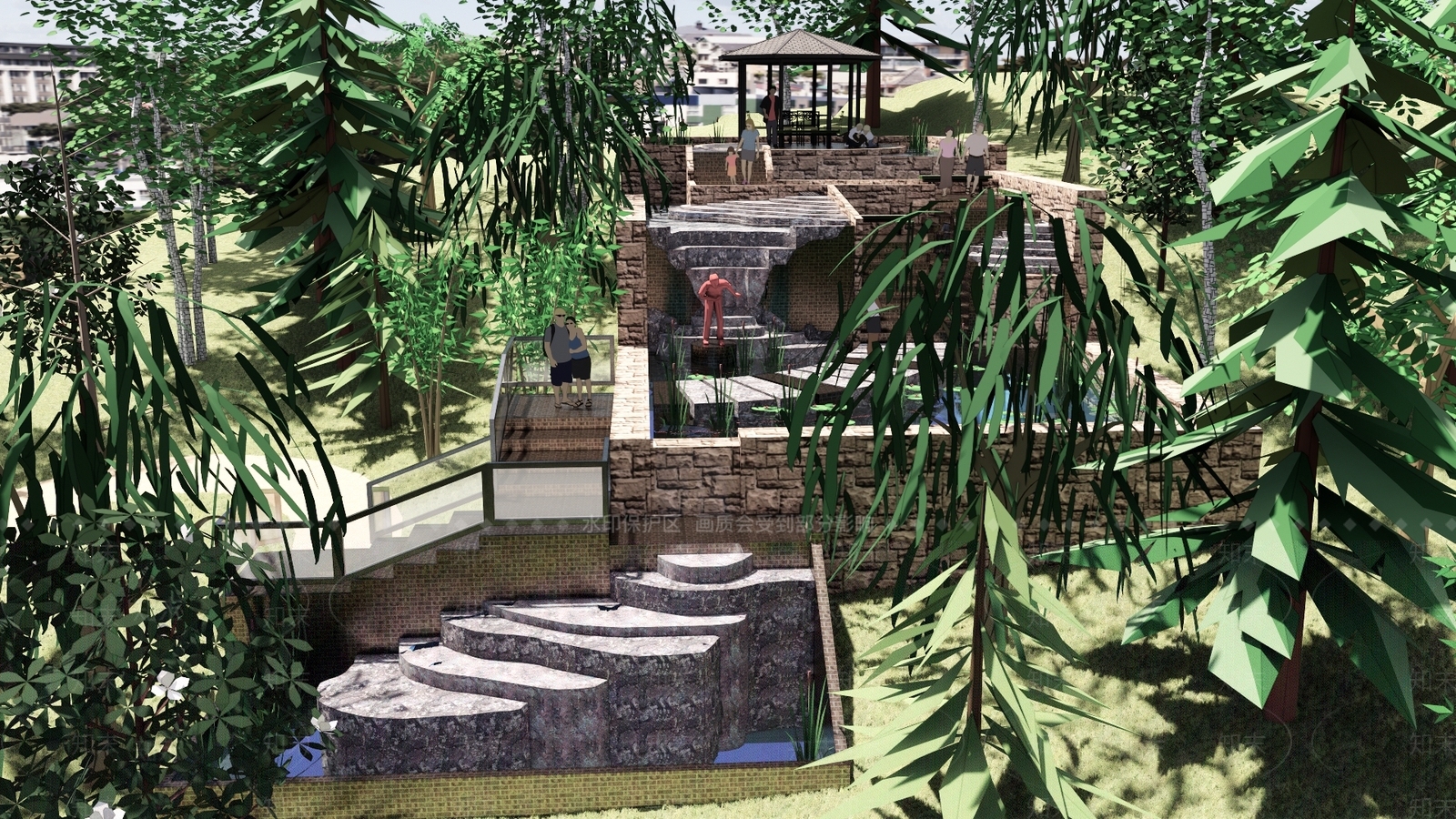 新中式跌水景观乡村公园SU模型下载【ID:1150357904】