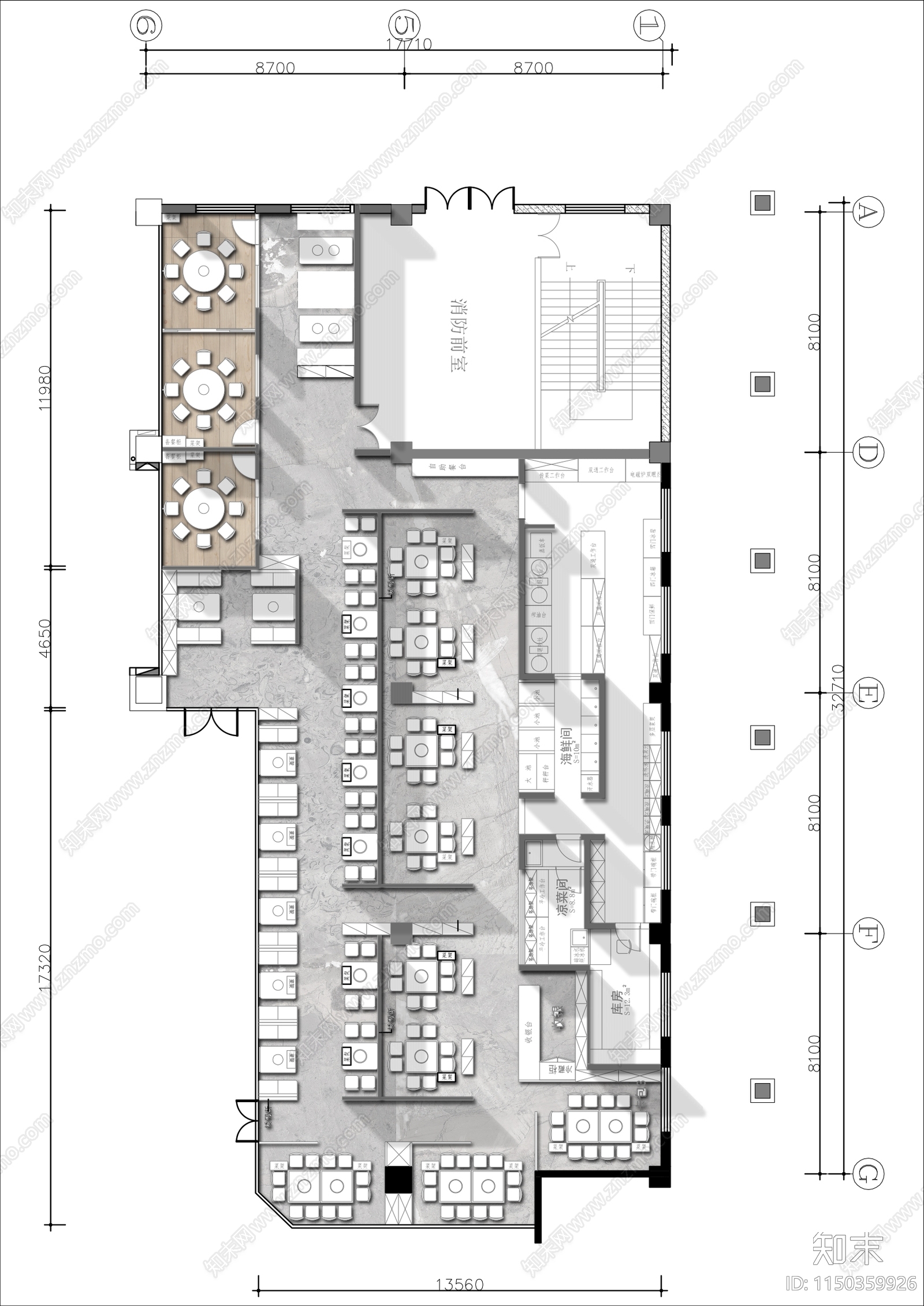500㎡中餐厅平面布局图施工图下载【ID:1150359926】
