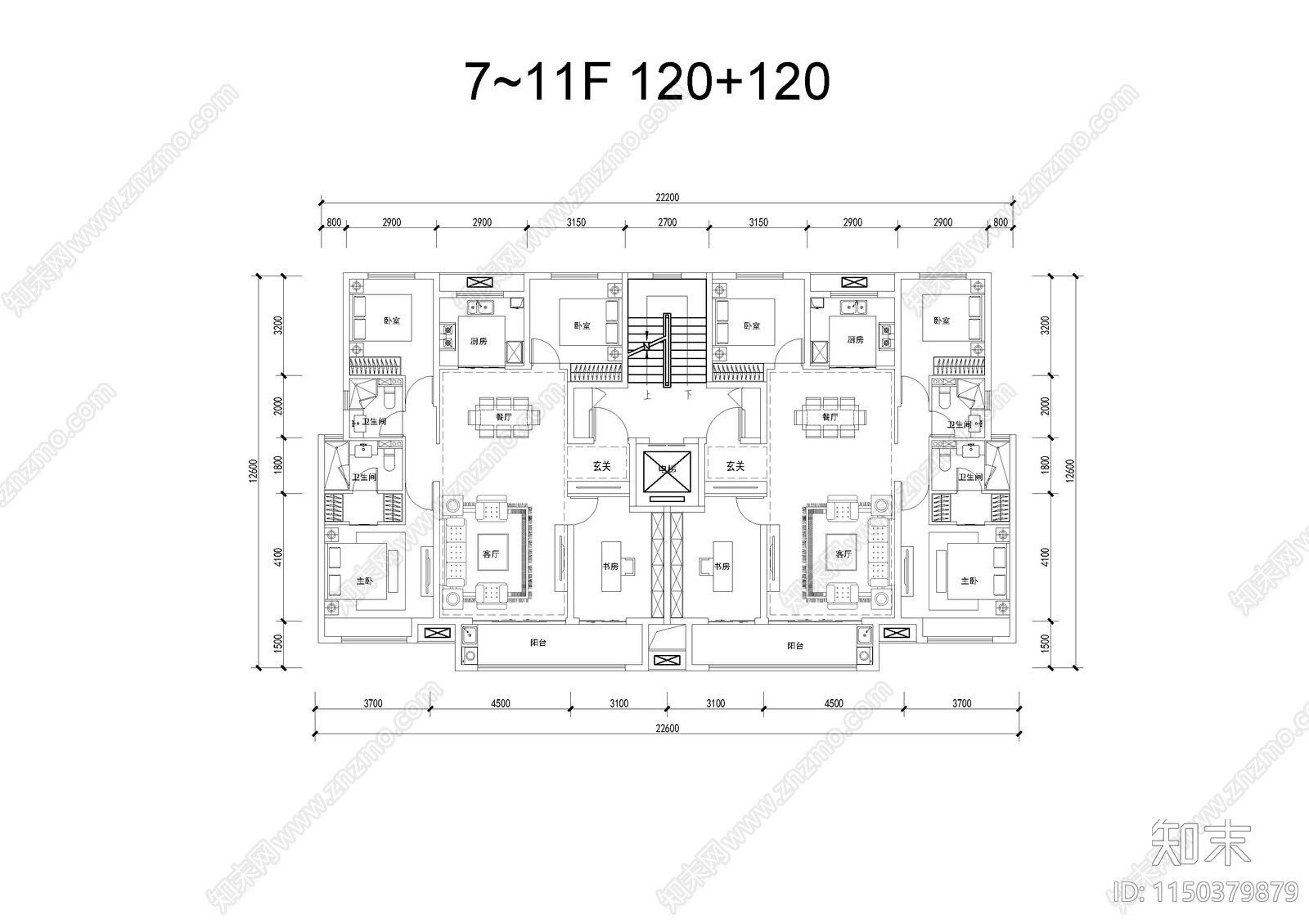 7至11层120平户型平面图施工图下载【ID:1150379879】