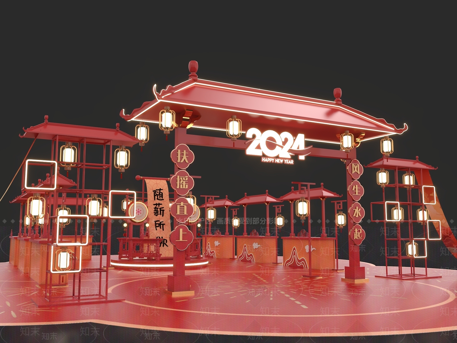 新中式新年市集美陈3D模型下载【ID:1150380483】