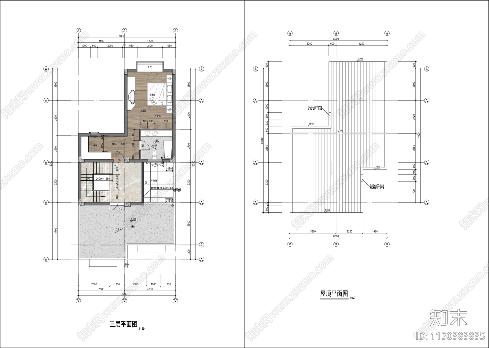 260平三层别墅平面图施工图下载【ID:1150383835】