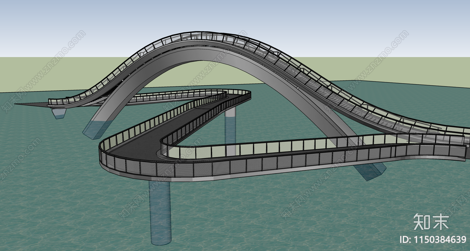 现代弧形双层景观人行桥SU模型下载【ID:1150384639】