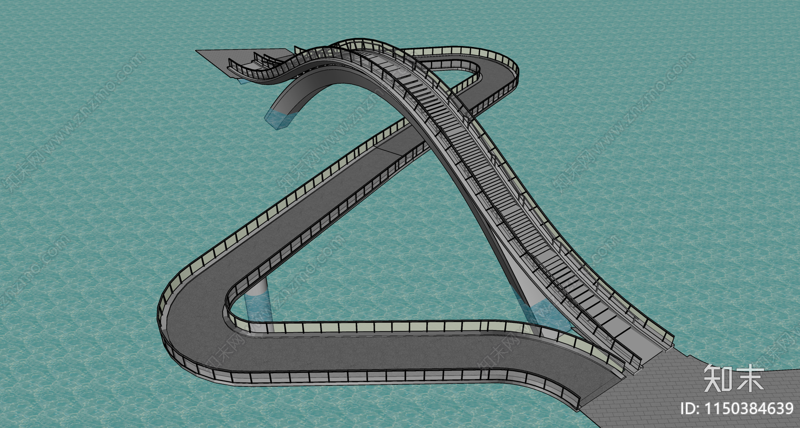 现代弧形双层景观人行桥SU模型下载【ID:1150384639】