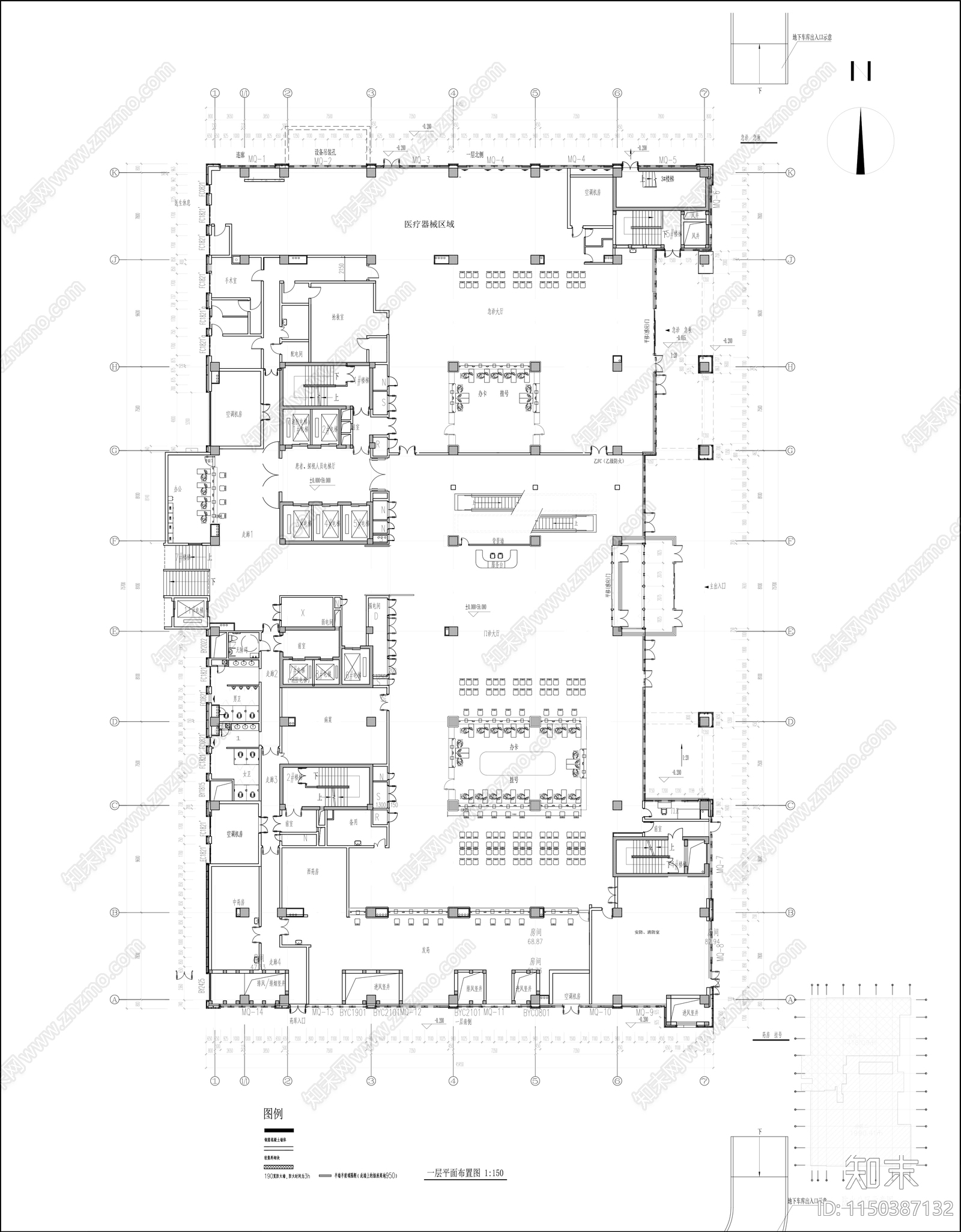 市中心医院门诊综合楼平面图cad施工图下载【ID:1150387132】