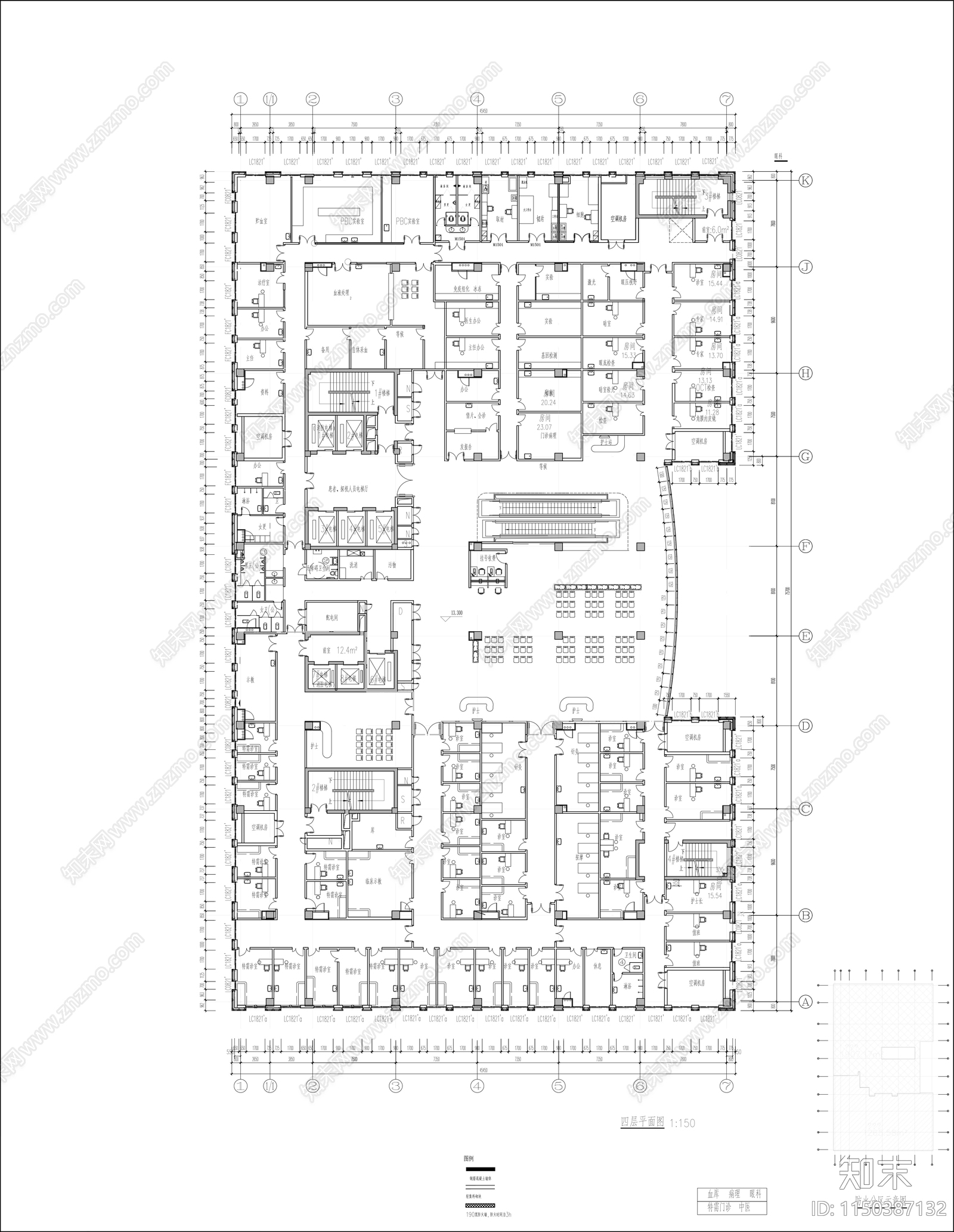 市中心医院门诊综合楼平面图cad施工图下载【ID:1150387132】