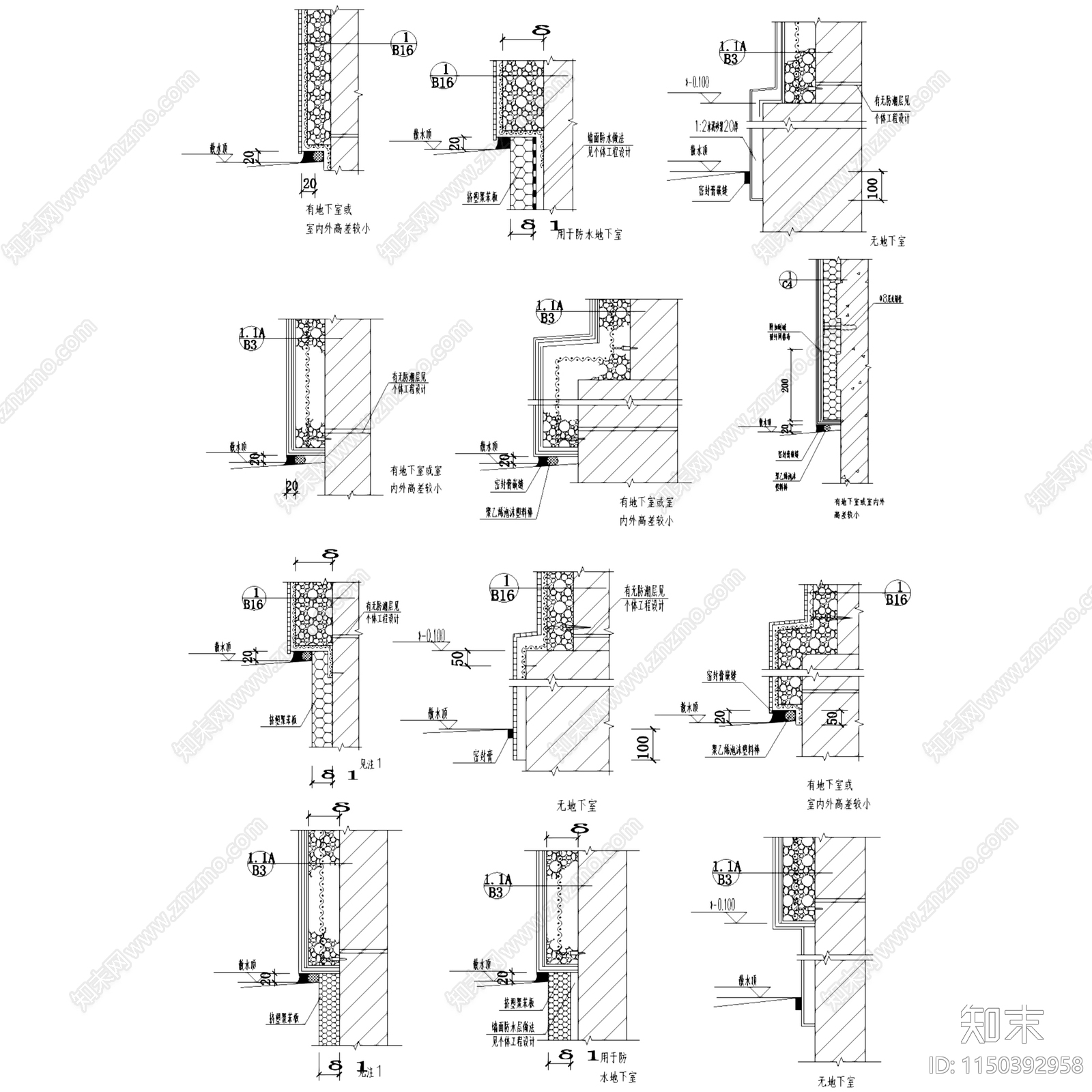 外墙外保温建筑构造节点大样cad施工图下载【ID:1150392958】