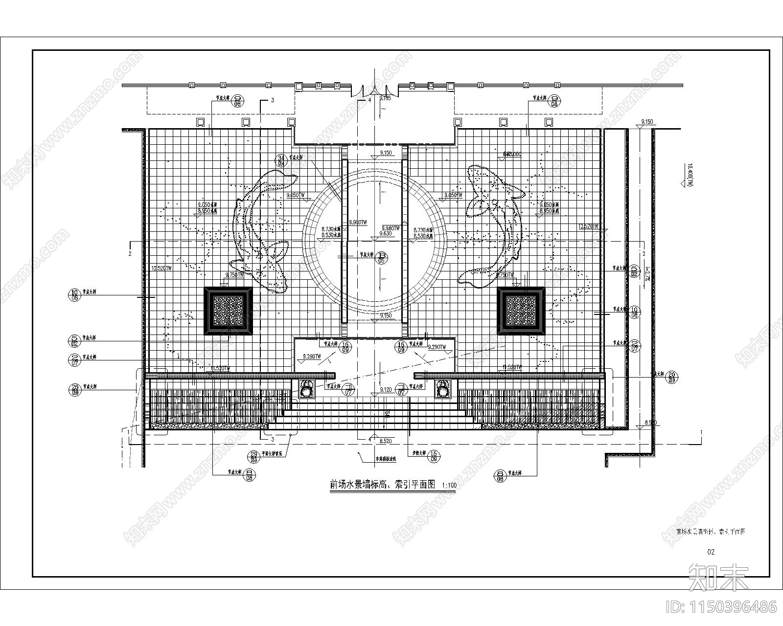 中式小区展示区入口水景详图cad施工图下载【ID:1150396486】