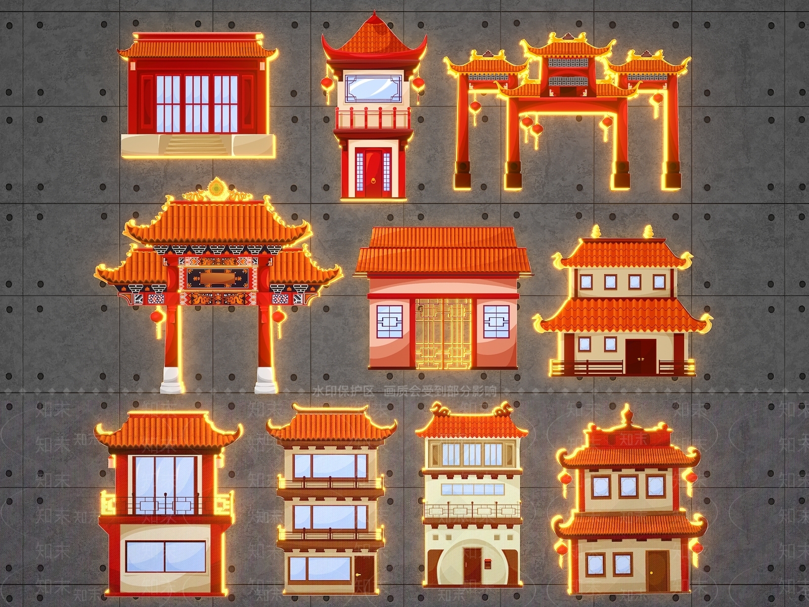 中式传统古建筑剪影美陈3D模型下载【ID:1150402294】