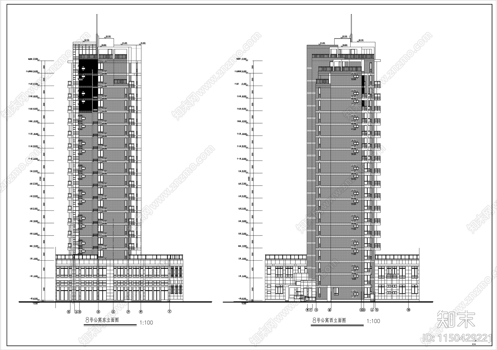 高层公寓住宅建筑cad施工图下载【ID:1150429221】