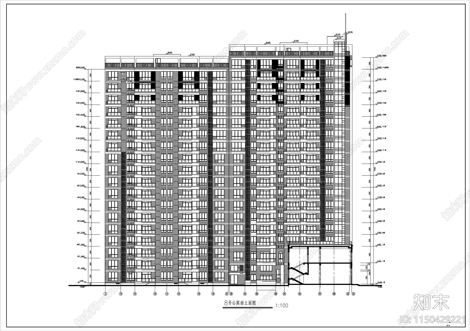 高层公寓住宅建筑cad施工图下载【ID:1150429221】