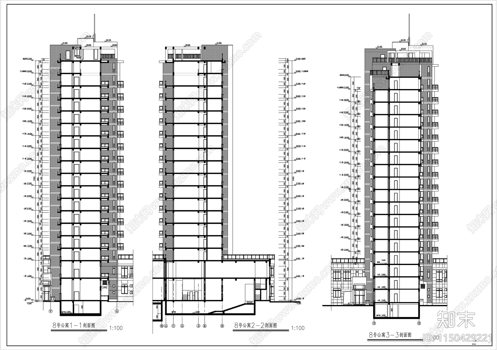 高层公寓住宅建筑cad施工图下载【ID:1150429221】