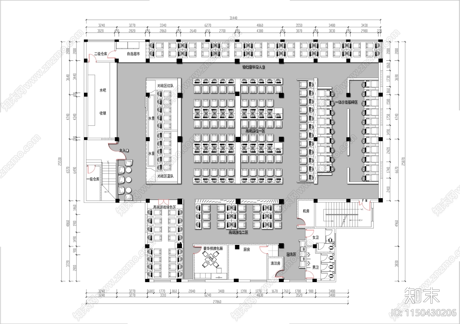 700㎡网咖俱乐部平面布置图施工图下载【ID:1150430206】