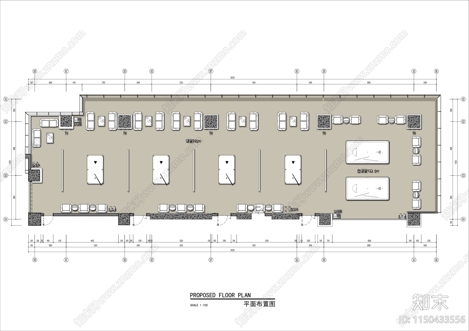 400㎡台球室平面方案图施工图下载【ID:1150433556】
