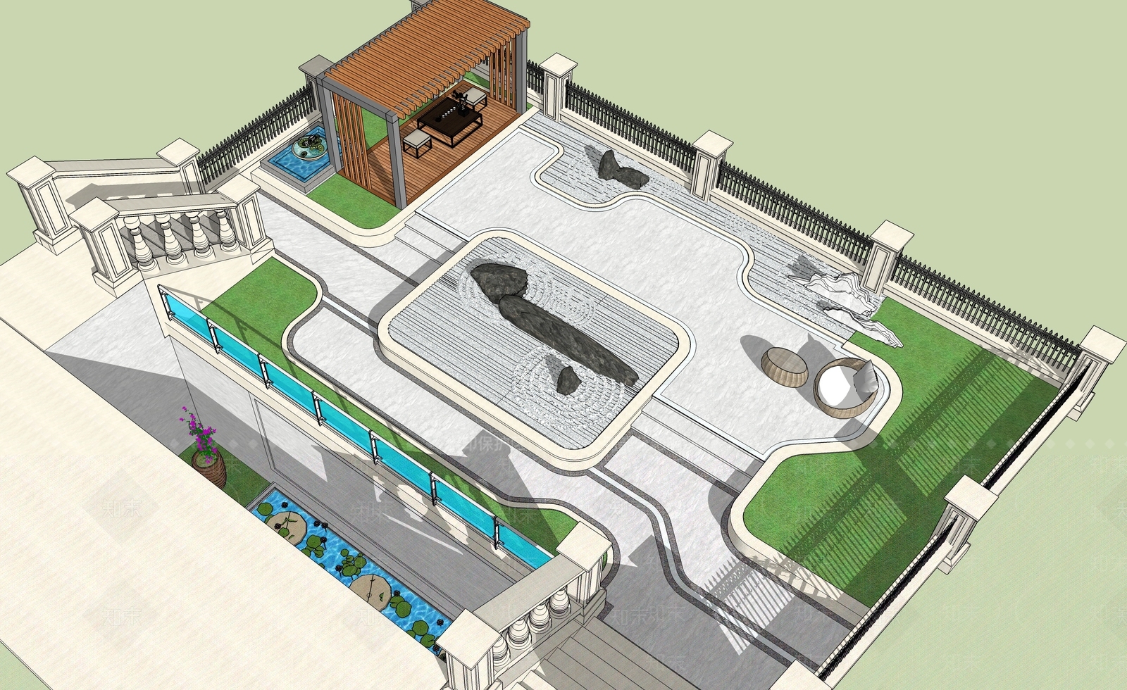 欧式别墅庭院景观SU模型下载【ID:1150441470】