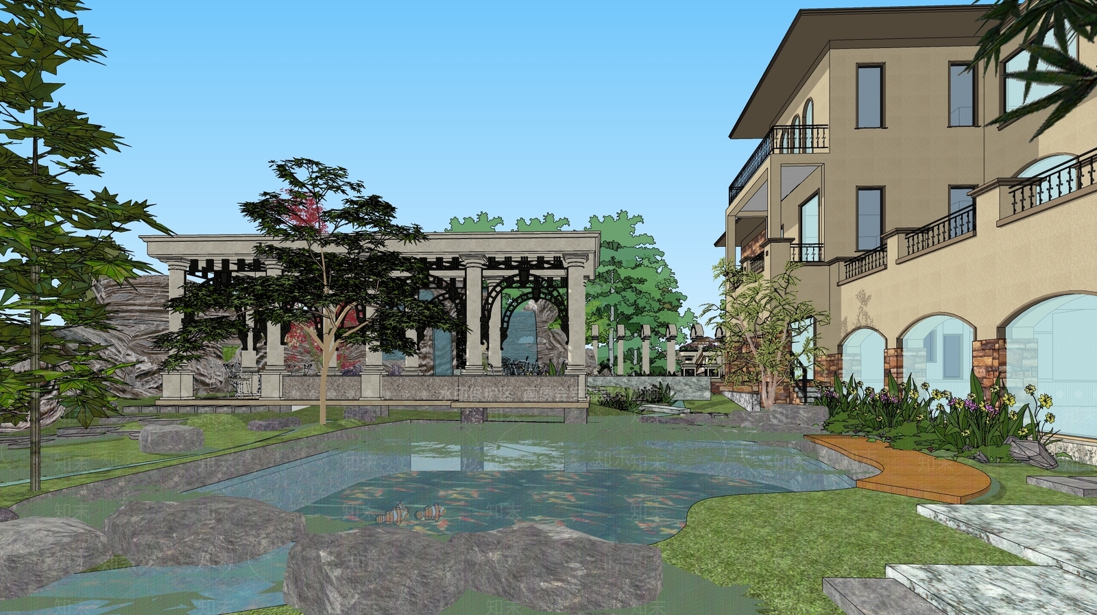 欧式景观户外庭院SU模型下载【ID:1150444860】