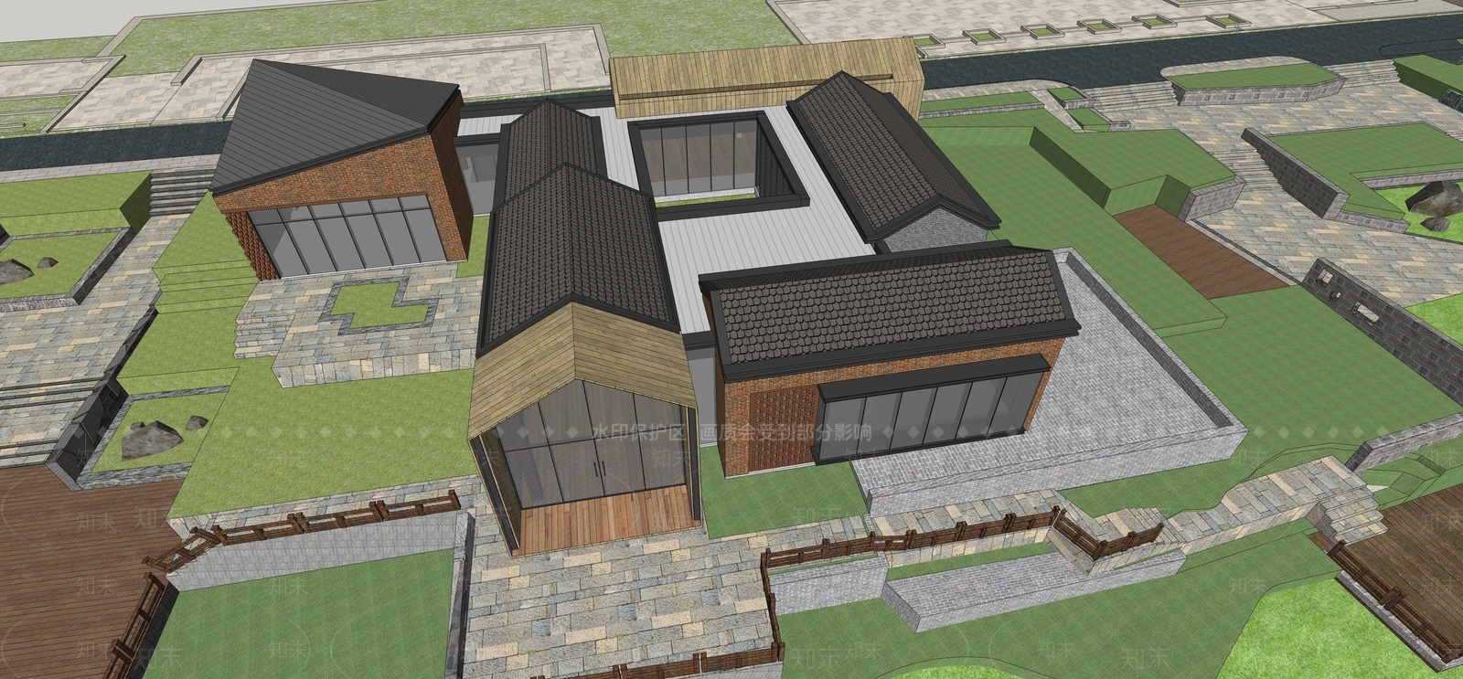 中式风格红砖展览馆建筑SU模型下载【ID:1150452194】