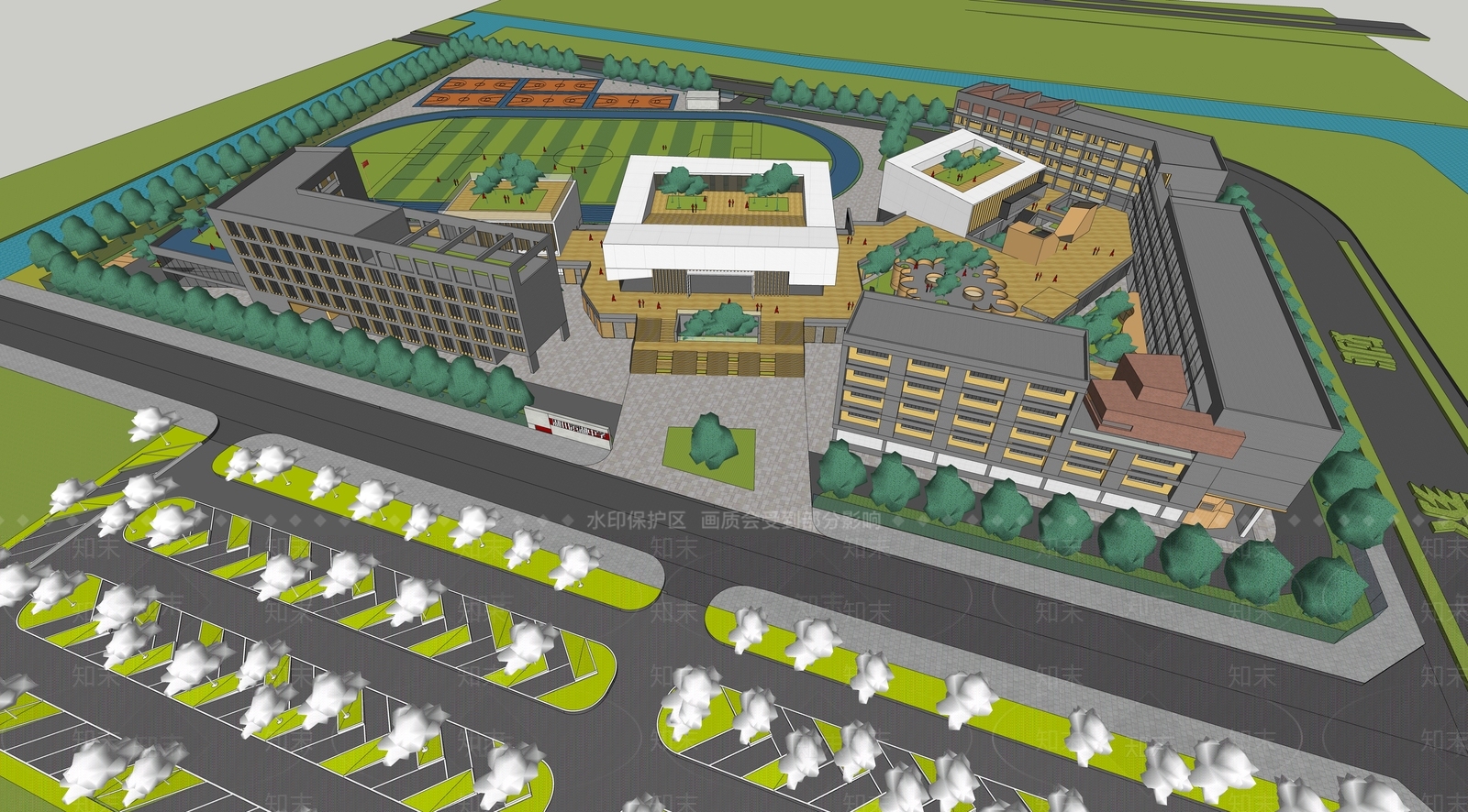 现代青砖风格中小学校SU模型下载【ID:1150455590】