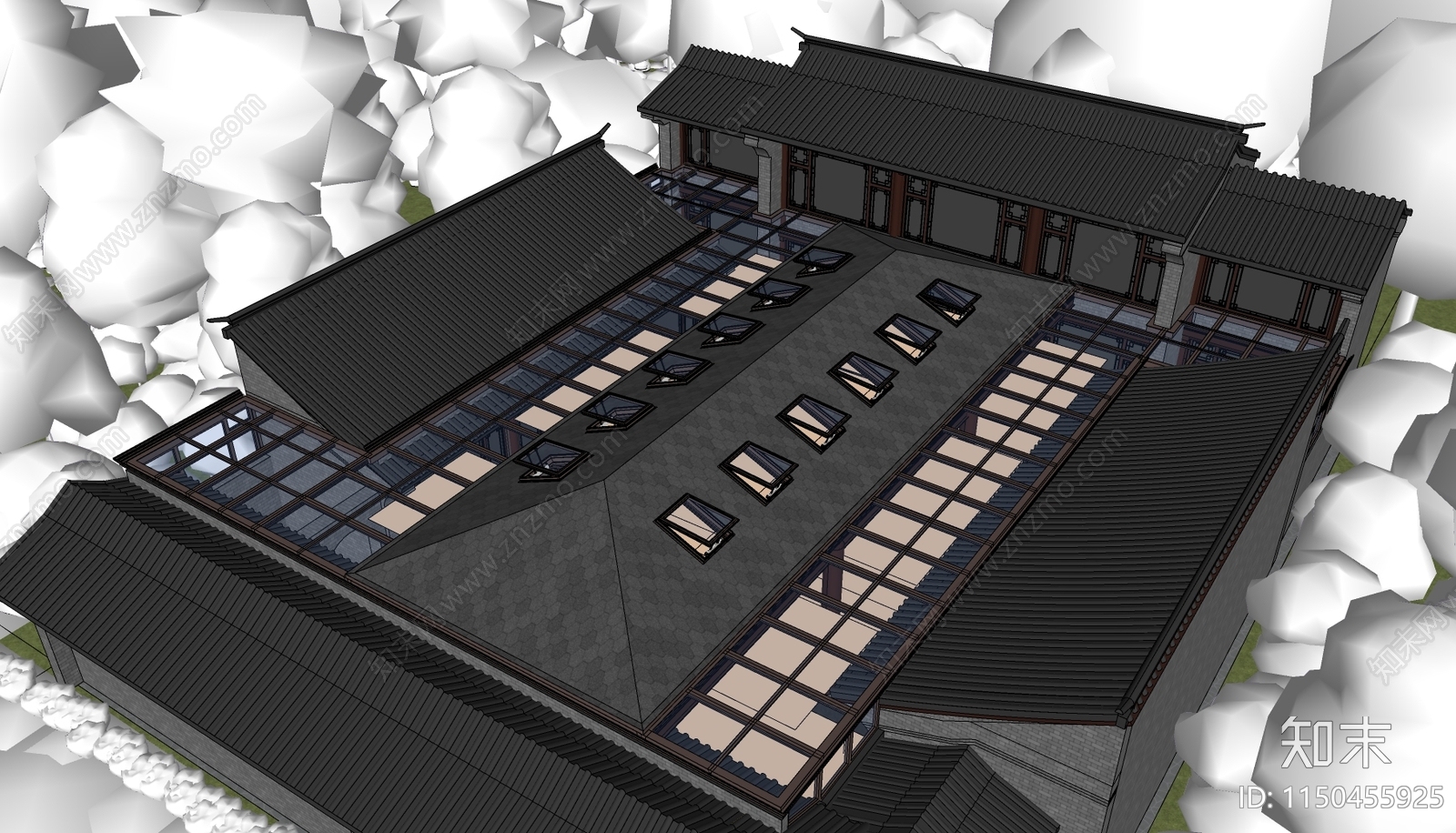 新中式合院阳光房SU模型下载【ID:1150455925】