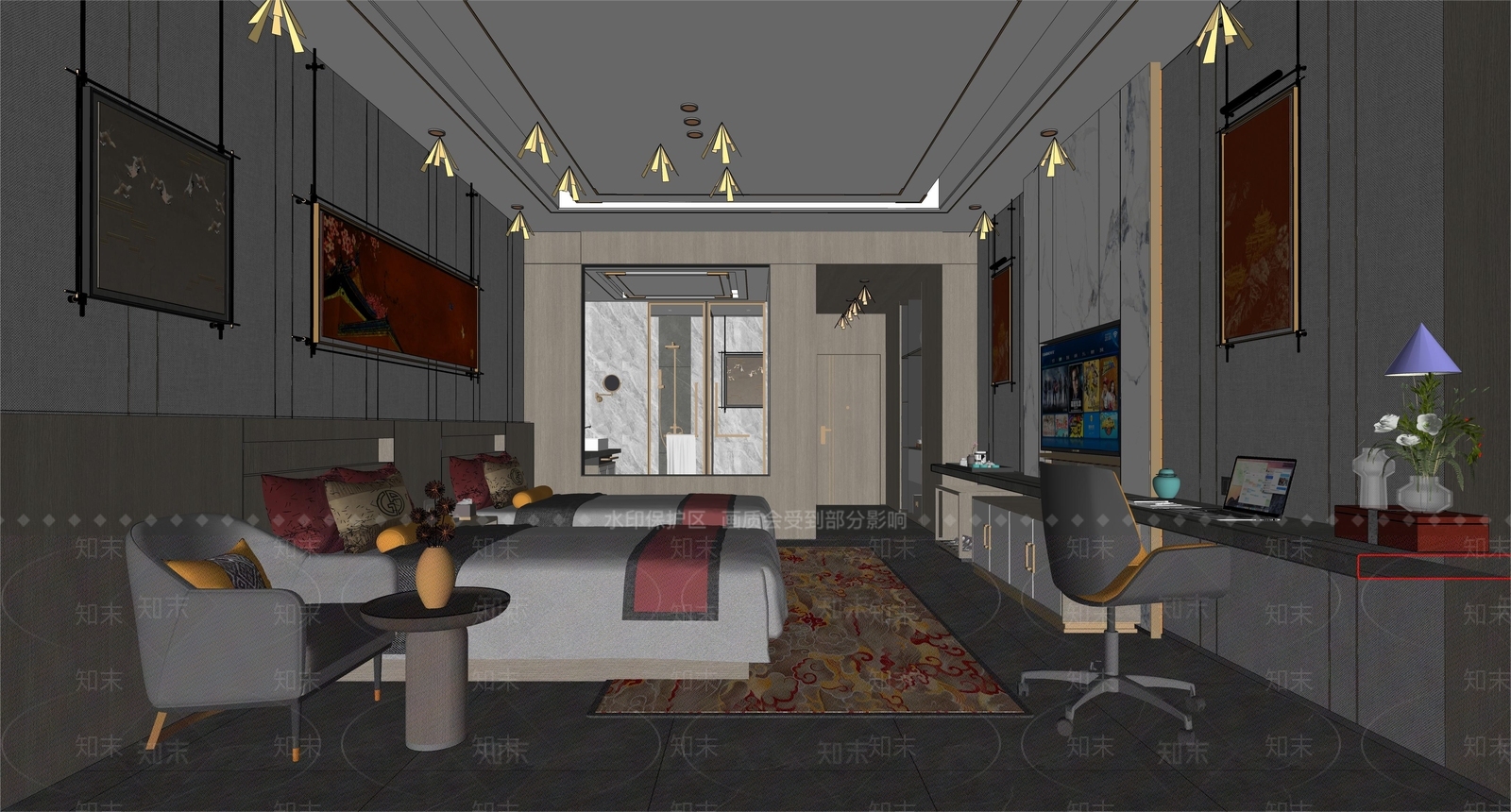 新中式酒店客房SU模型下载【ID:1150461371】