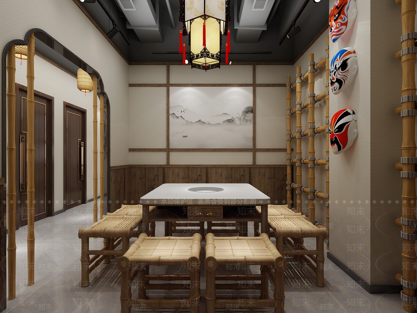 新中式火锅店走廊3D模型下载【ID:1150469805】