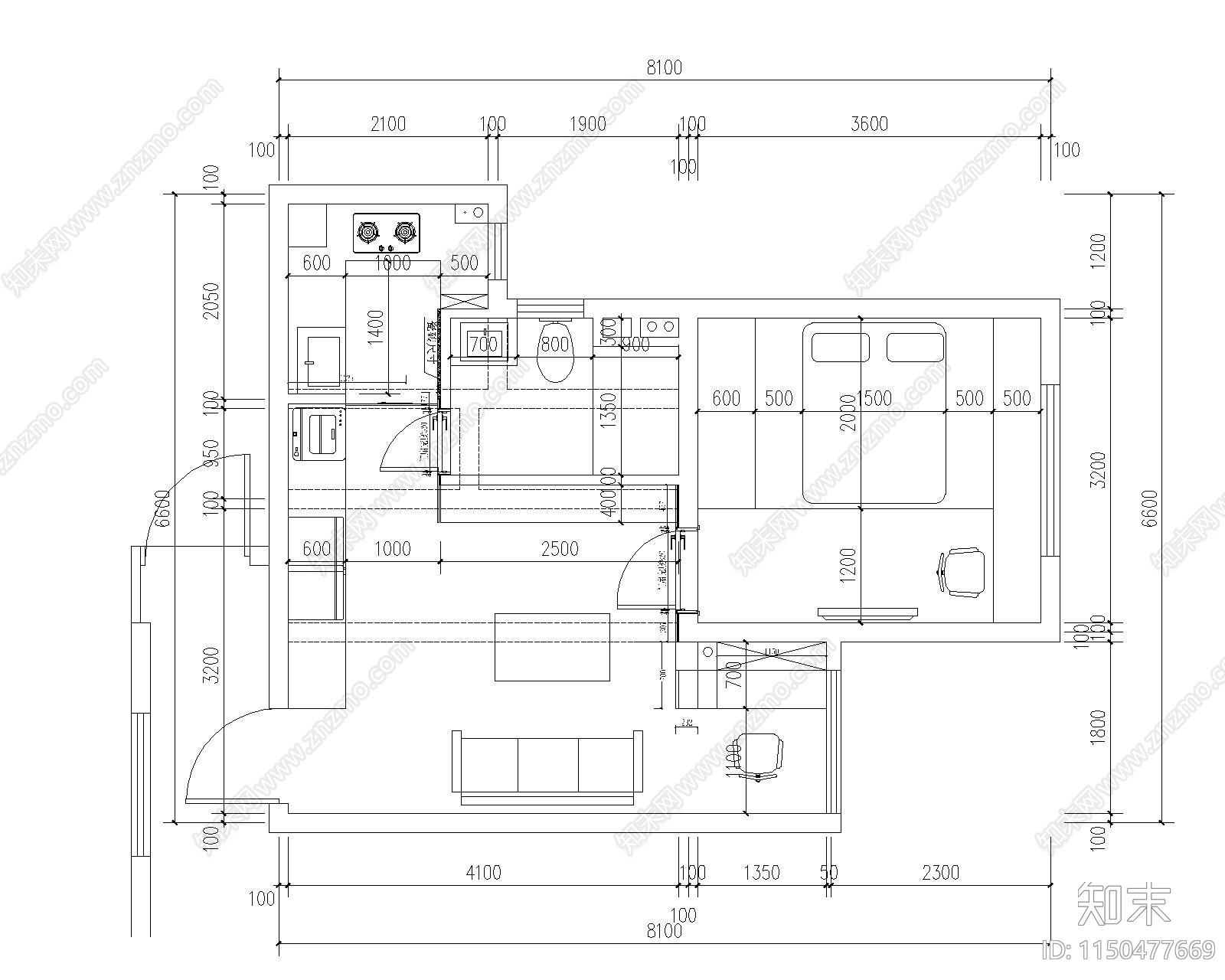 60平小户型厨房室内施工图下载【ID:1150477669】