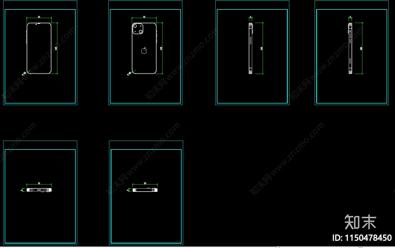 iphone手机六视图节点详图cad施工图下载【ID:1150478450】