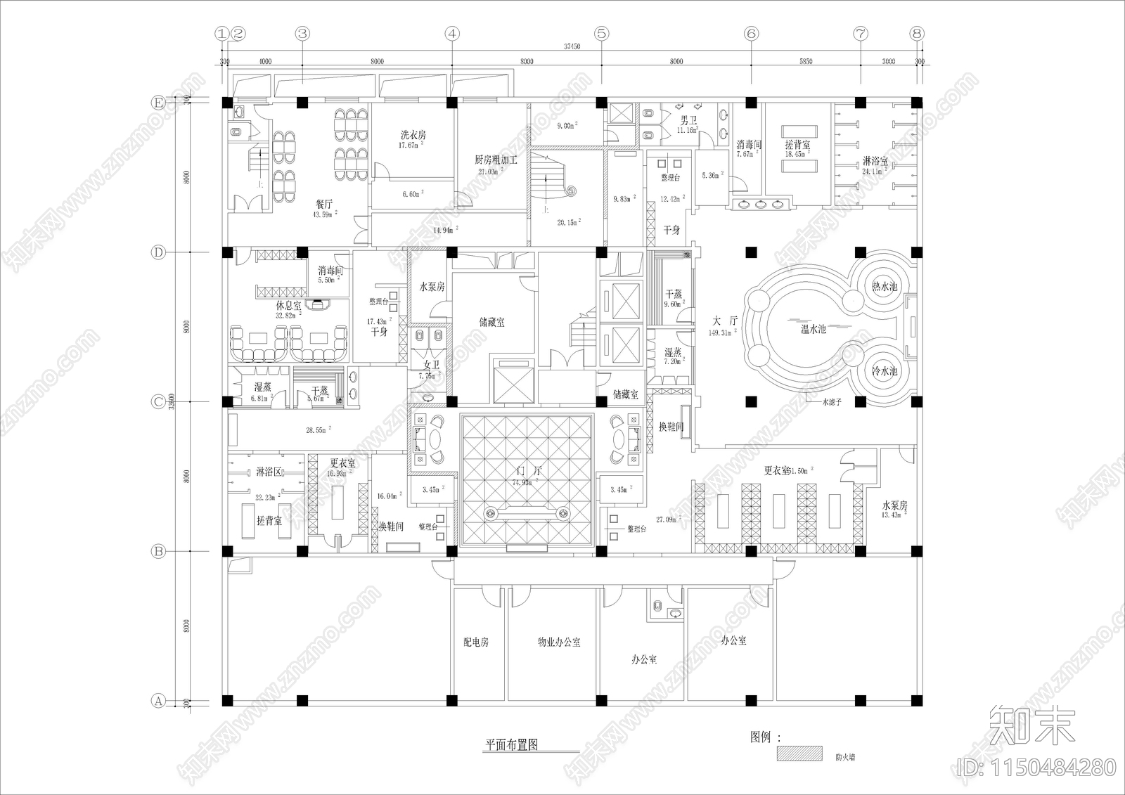 1240㎡汤泉洗浴休闲会所室内cad施工图下载【ID:1150484280】