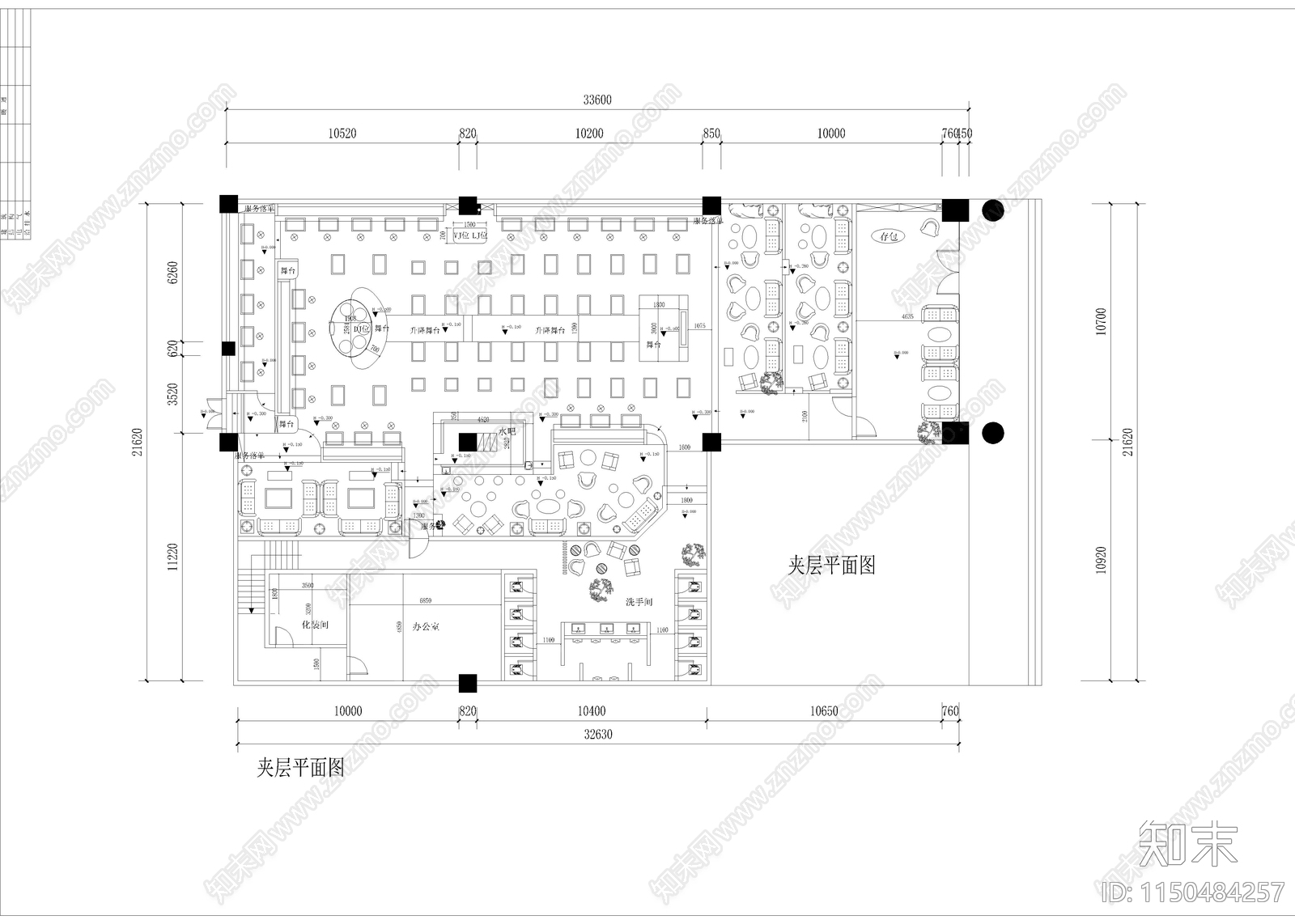 1250㎡酒吧室内cad施工图下载【ID:1150484257】