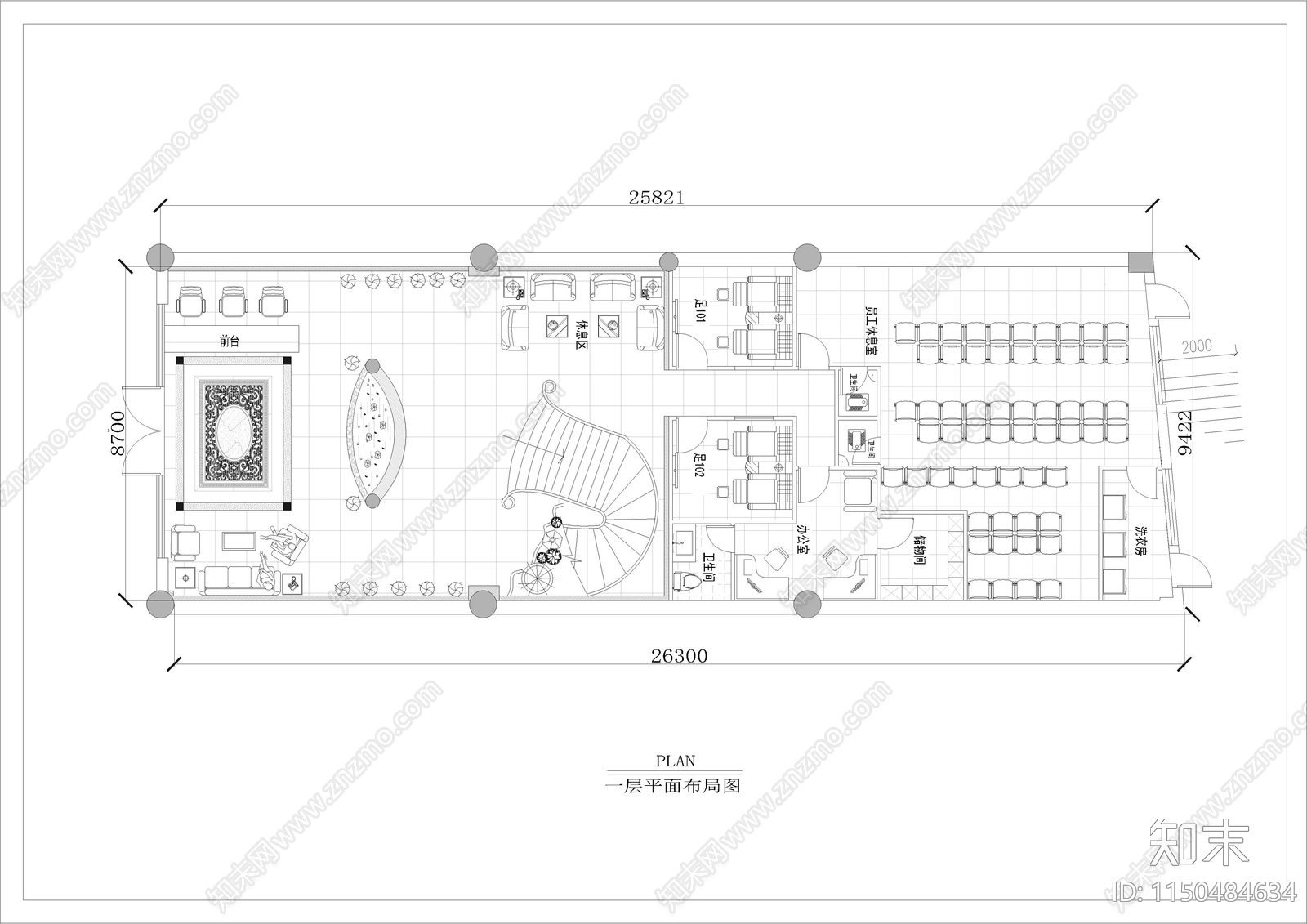 1750㎡足浴足疗休闲会所室内cad施工图下载【ID:1150484634】