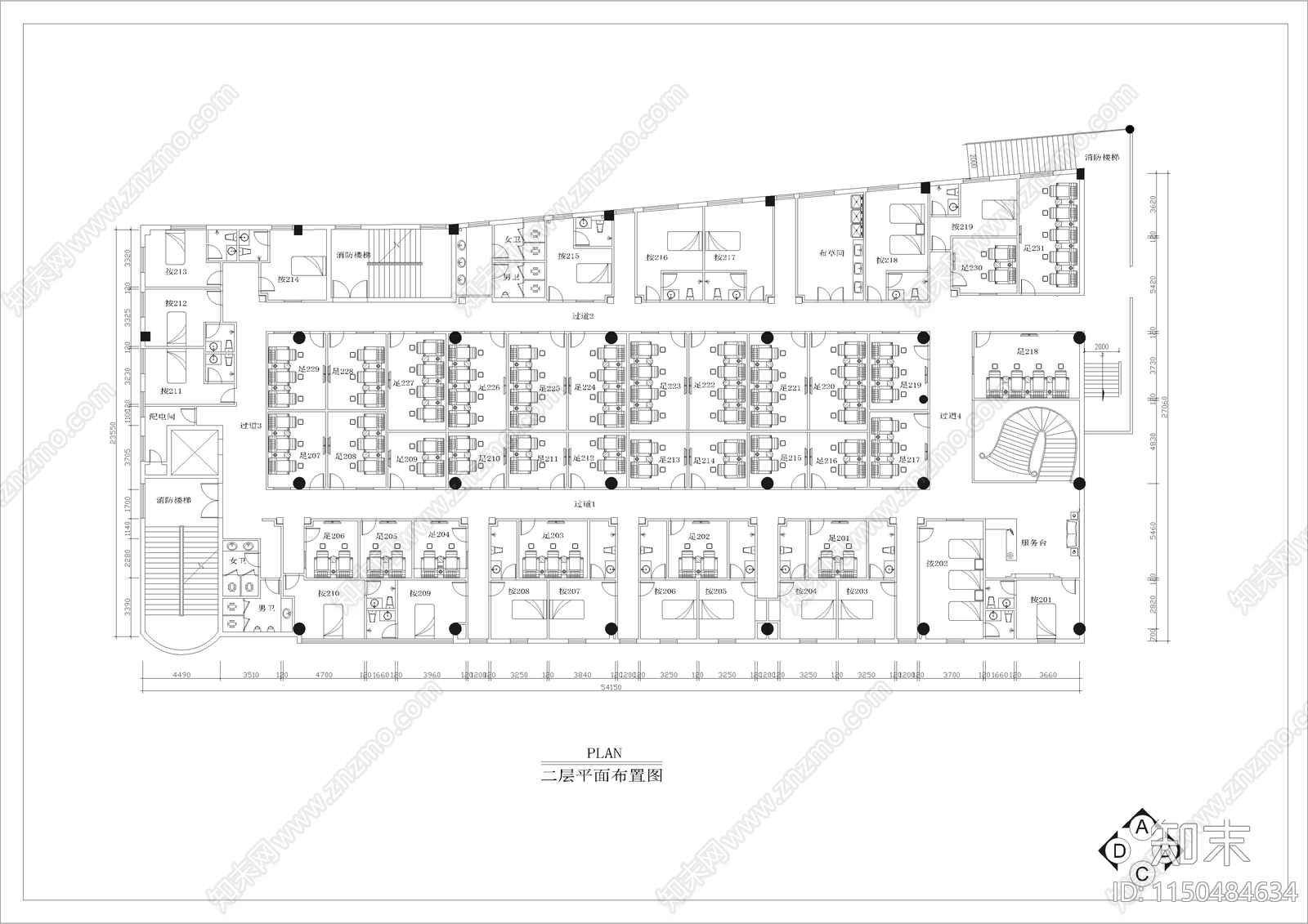 1750㎡足浴足疗休闲会所室内cad施工图下载【ID:1150484634】