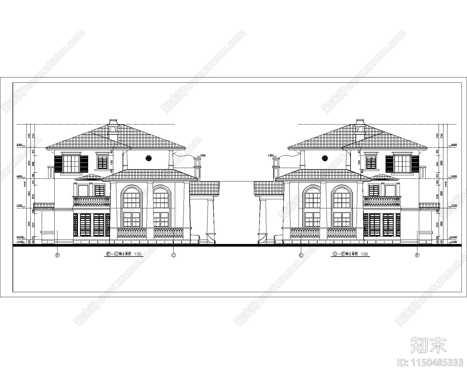 现代风格双拼别墅建筑cad施工图下载【ID:1150485333】