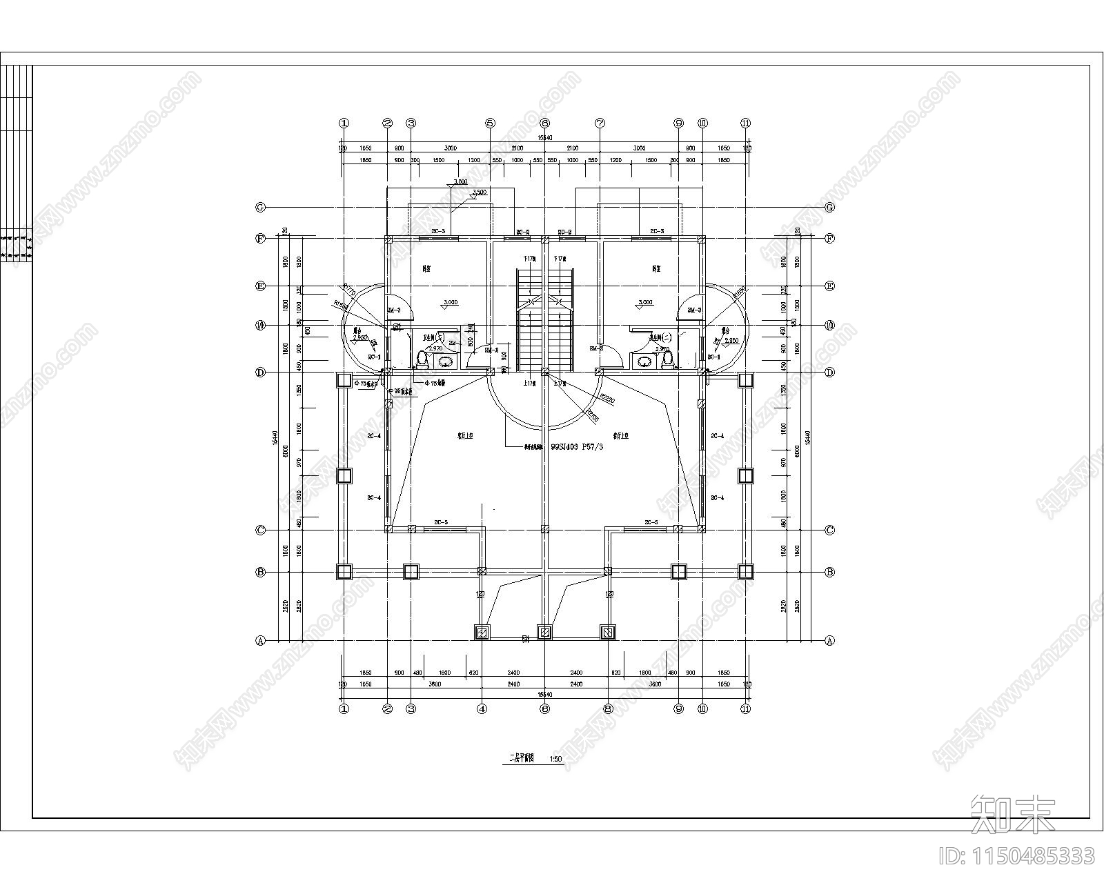 现代风格双拼别墅建筑cad施工图下载【ID:1150485333】