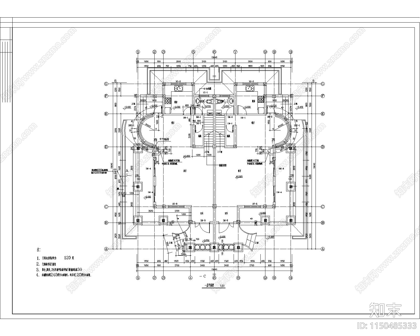 现代风格双拼别墅建筑cad施工图下载【ID:1150485333】