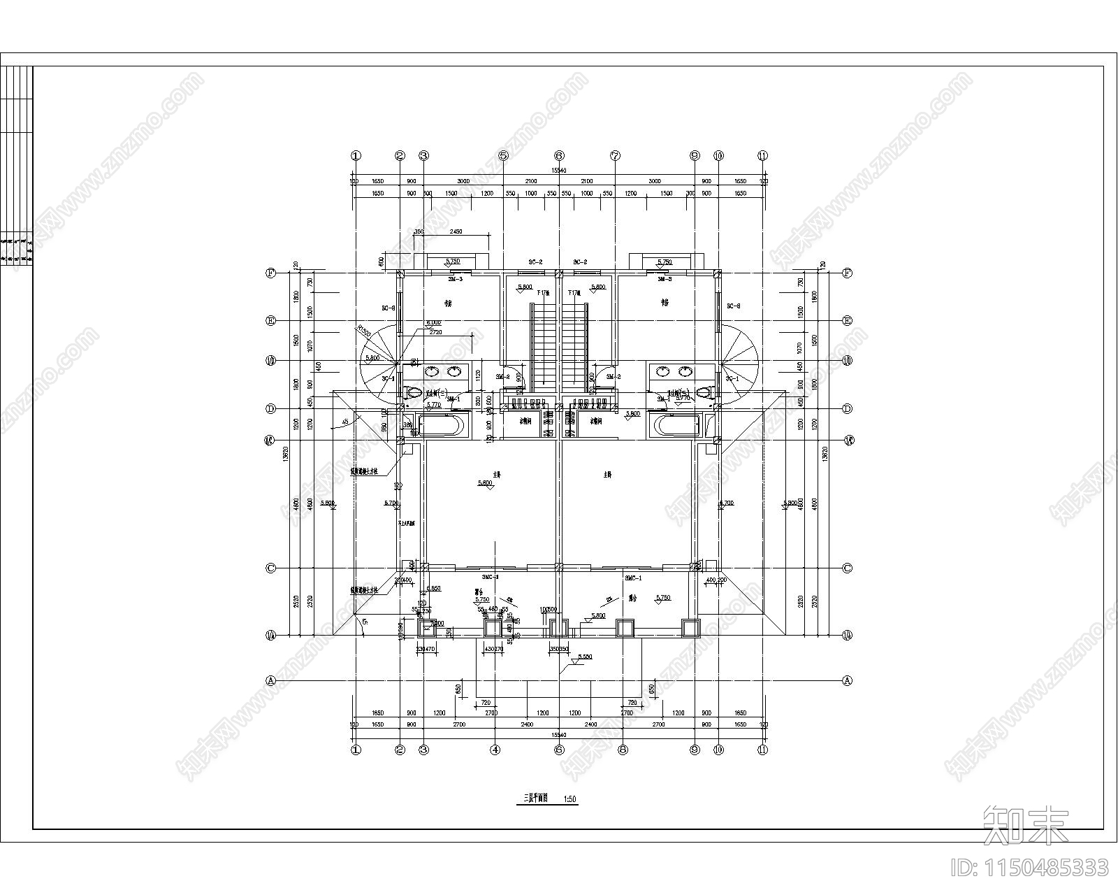 现代风格双拼别墅建筑cad施工图下载【ID:1150485333】