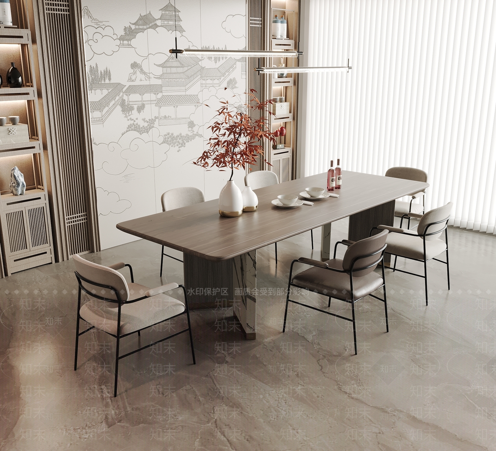 新中式餐桌椅组合3D模型下载【ID:1150485949】