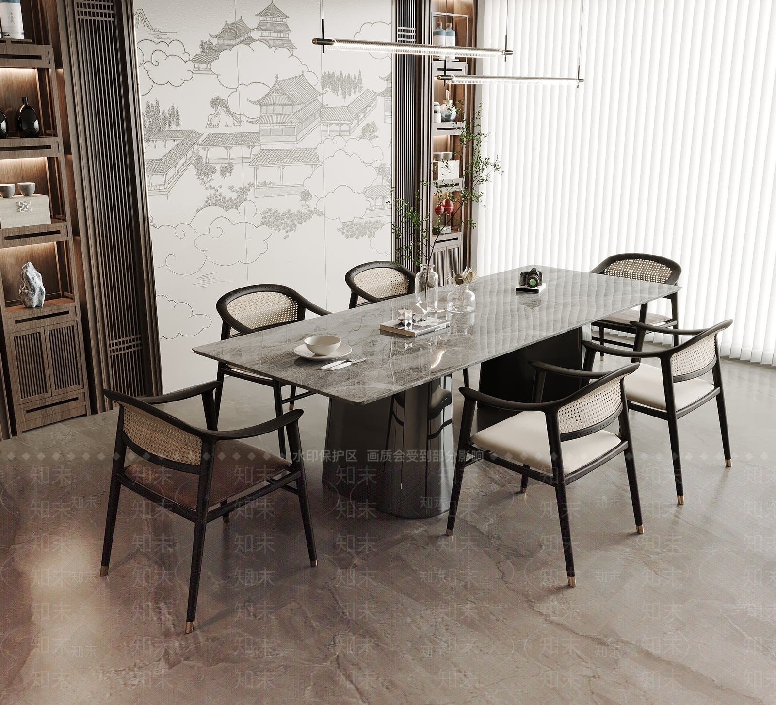 新中式餐桌椅组合3D模型下载【ID:1150486415】