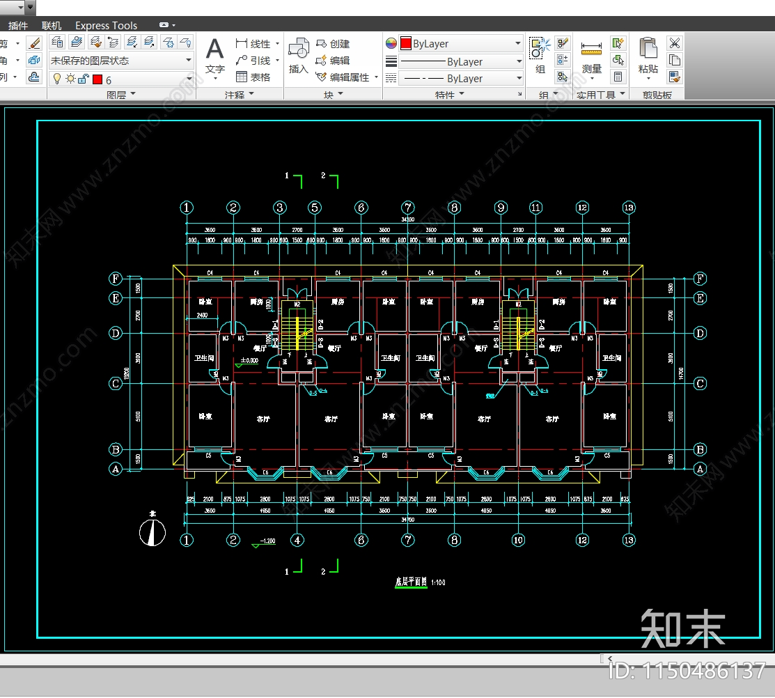 某办公楼底层平面建筑图施工图下载【ID:1150486137】