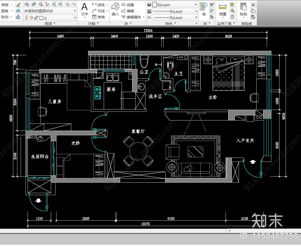 三室一厅住宅平面图施工图下载【ID:1150487256】
