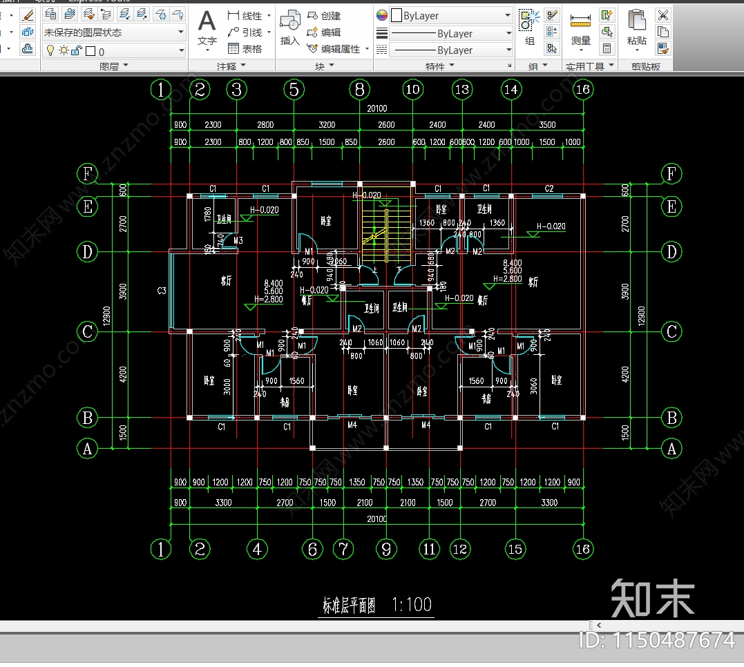 某建筑标准层平面图施工图下载【ID:1150487674】