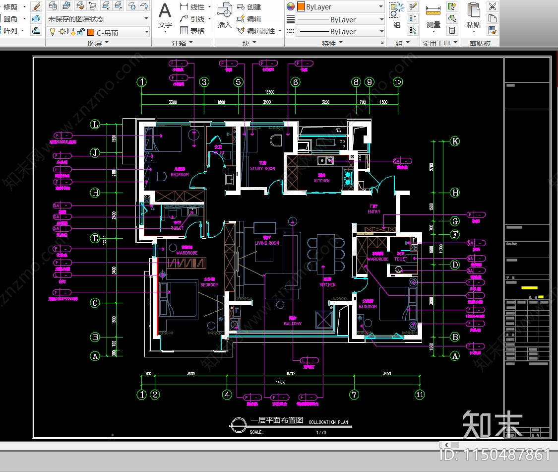 家装平面布置图天花布置图cad施工图下载【ID:1150487861】