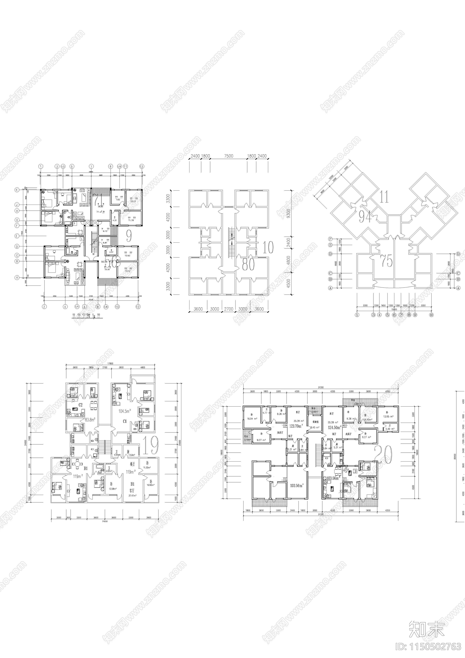 家装户型图cad施工图下载【ID:1150502763】