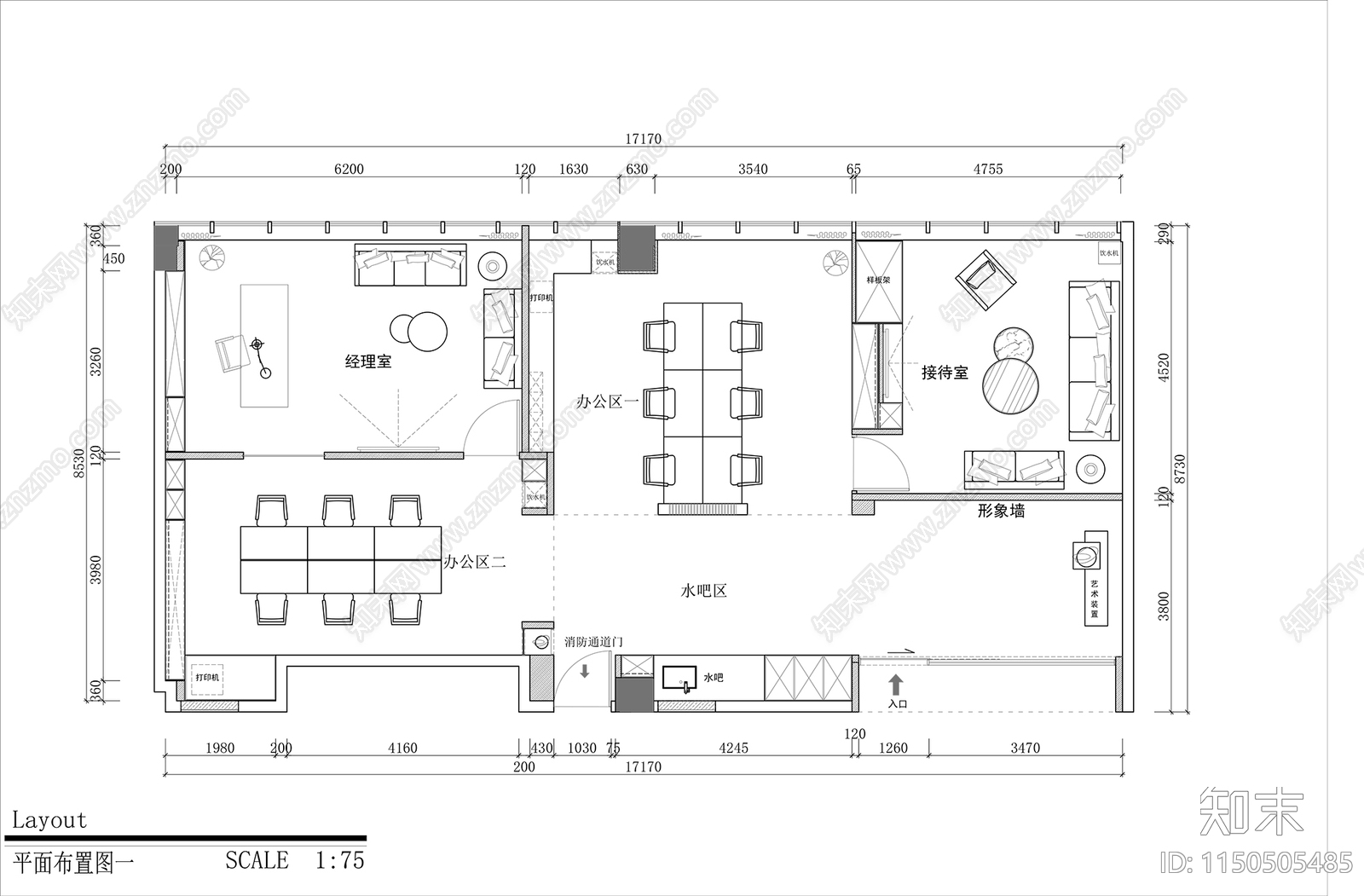 现代办公室室内cad施工图下载【ID:1150505485】