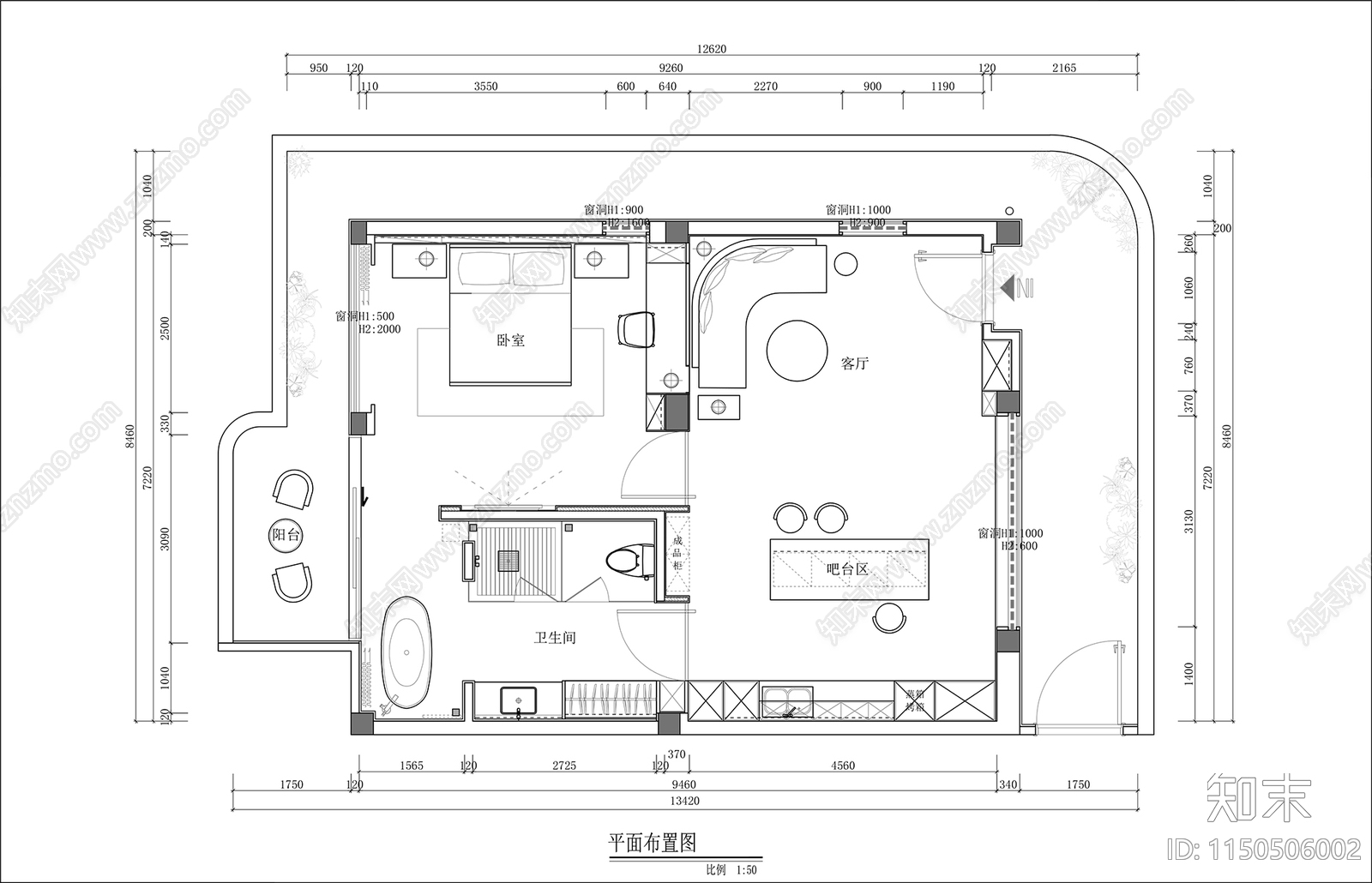 现代大平层室内cad施工图下载【ID:1150506002】