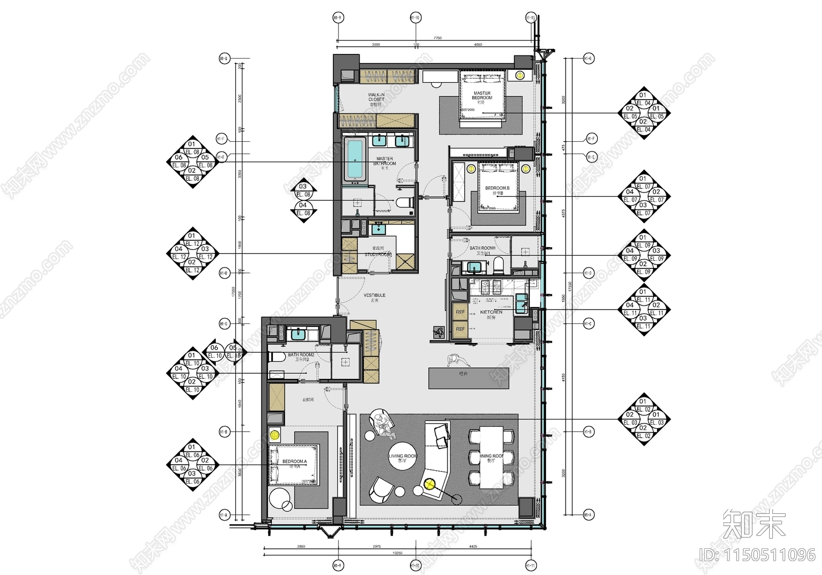 160㎡家装私宅大平层室内cad施工图下载【ID:1150511096】