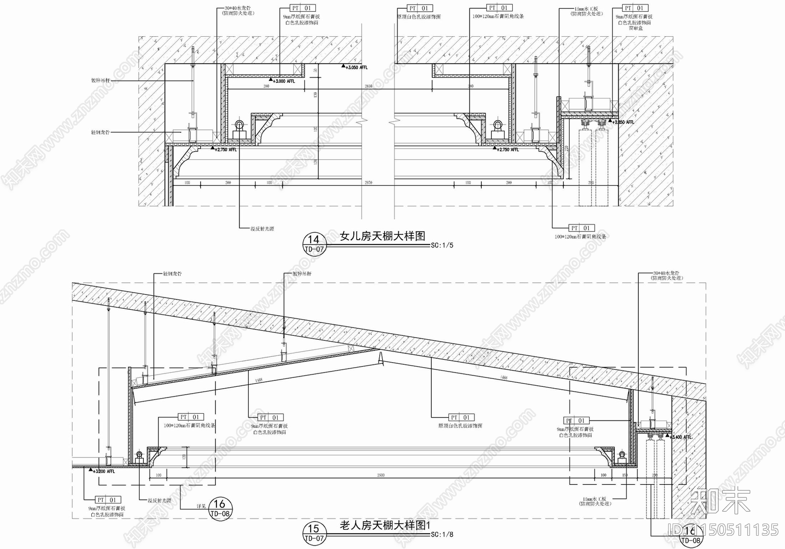 人字形斜屋顶吊顶剖面节点详图施工图下载【ID:1150511135】