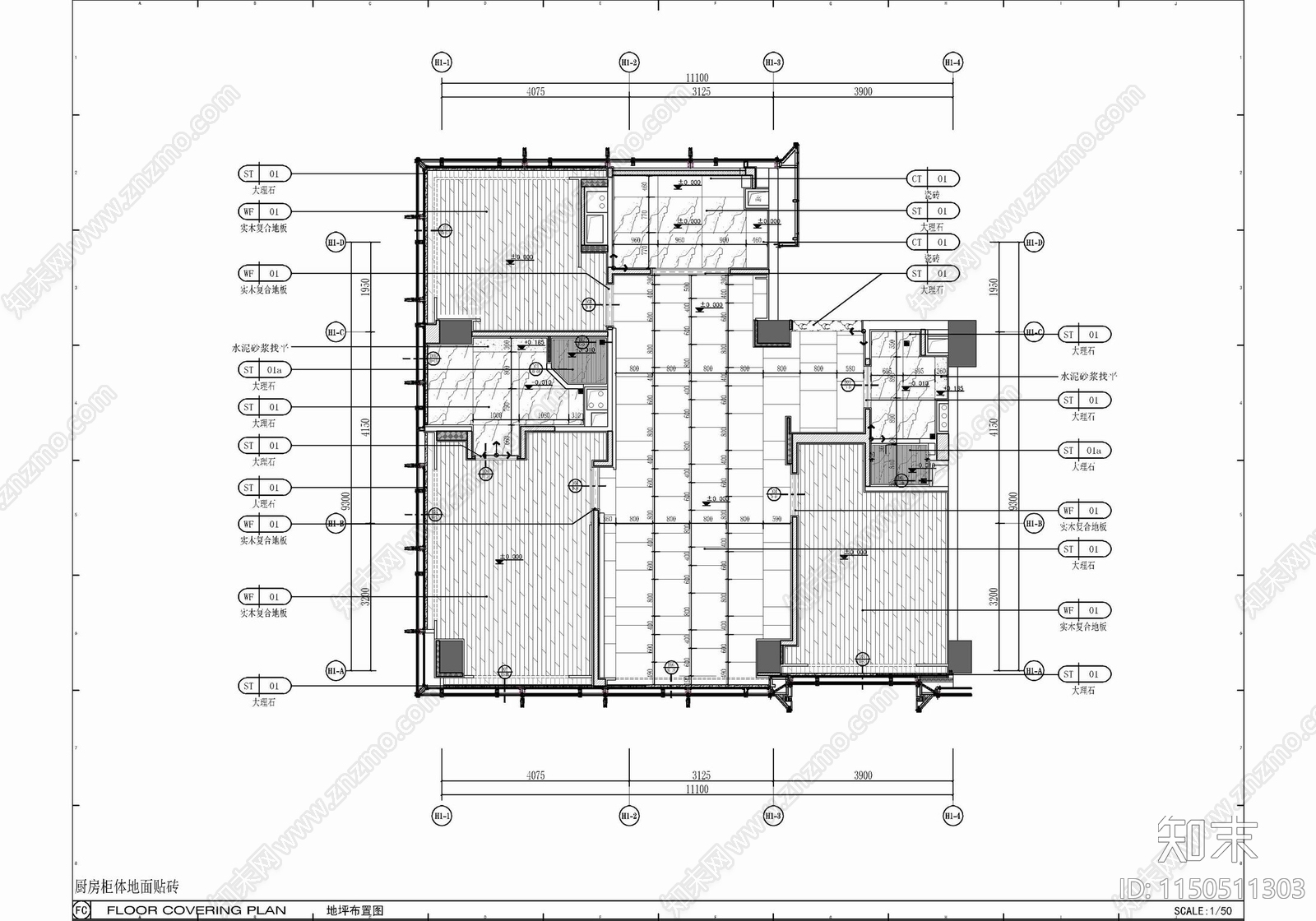120㎡三居室家装平层室内cad施工图下载【ID:1150511303】