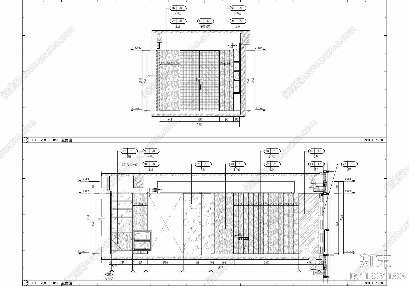 120㎡三居室家装平层室内cad施工图下载【ID:1150511303】