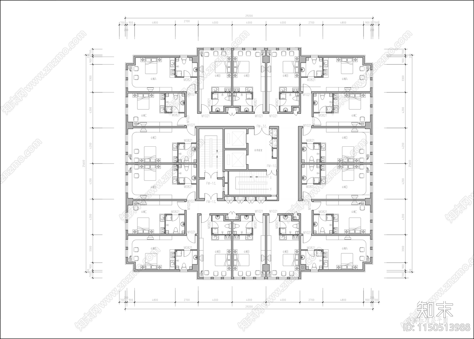 公寓楼标准层平面图cad施工图下载【ID:1150513988】